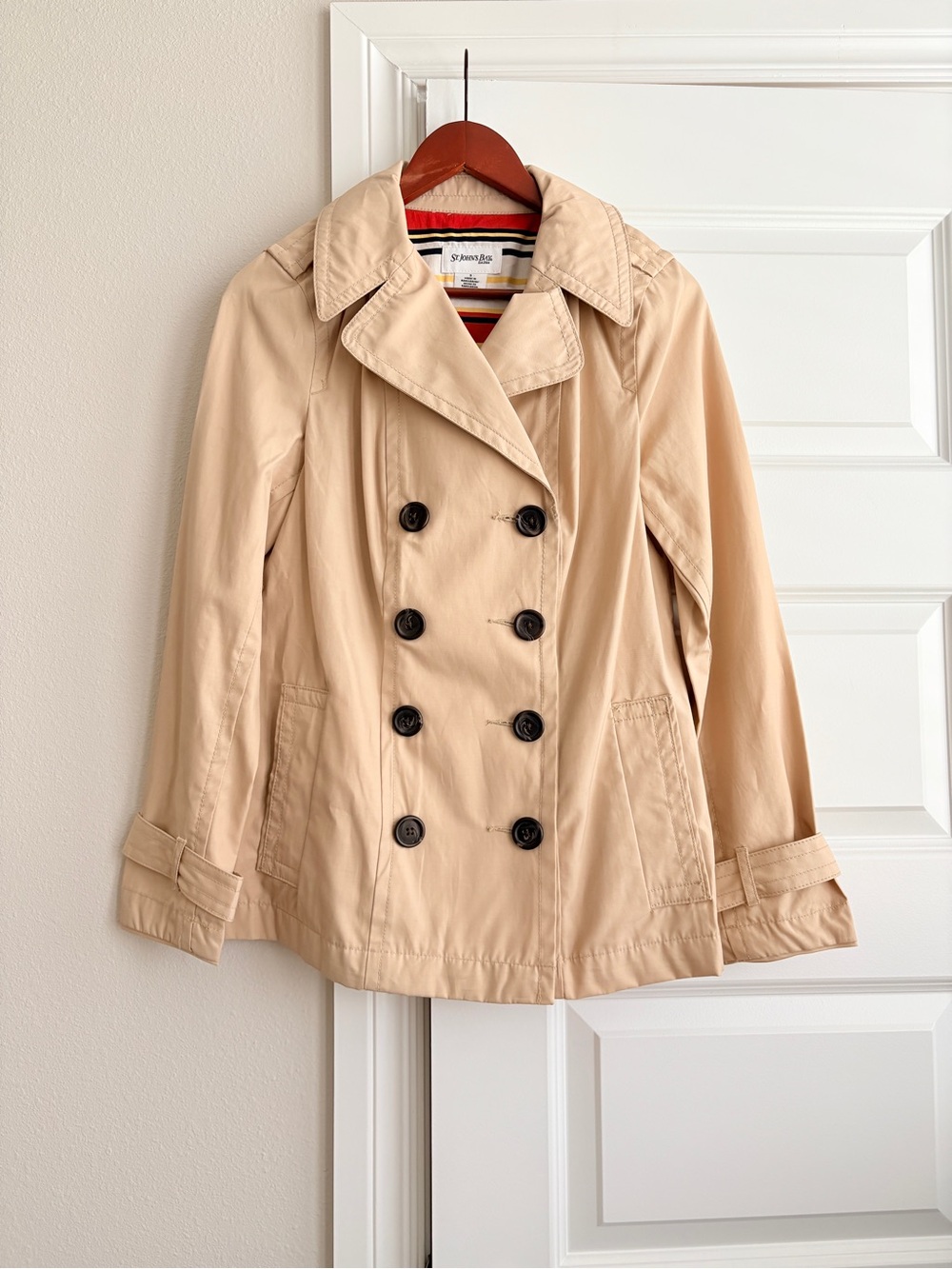 St Johns Bay S Tan Trench Jacket Coastal Preppy Quiet Luxury Belt Missing